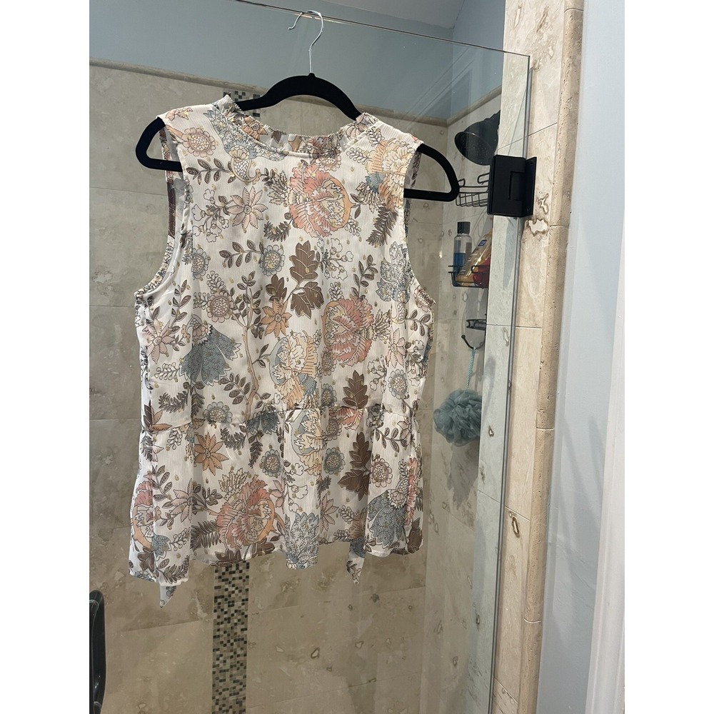 LOFT Women’s Floral Peplum Shell Tank Top Ruffle White Gold Pink Sleeveless M